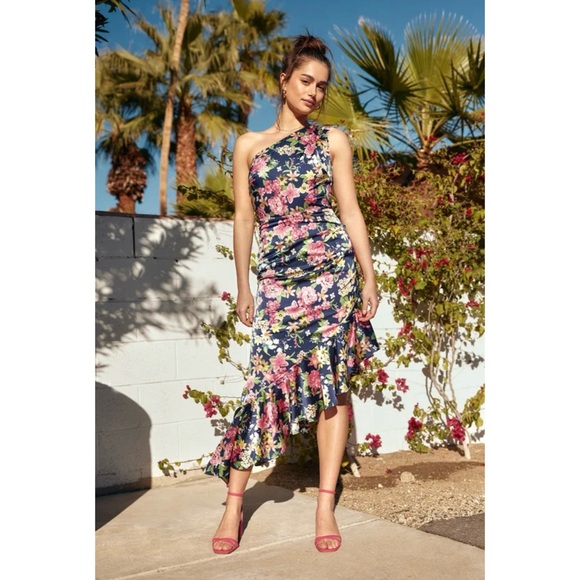 Lulus Women's XS Blue Floral Satin One Shoulder Formal Dress Prom Gown Wedding! - Picture 7 of 14